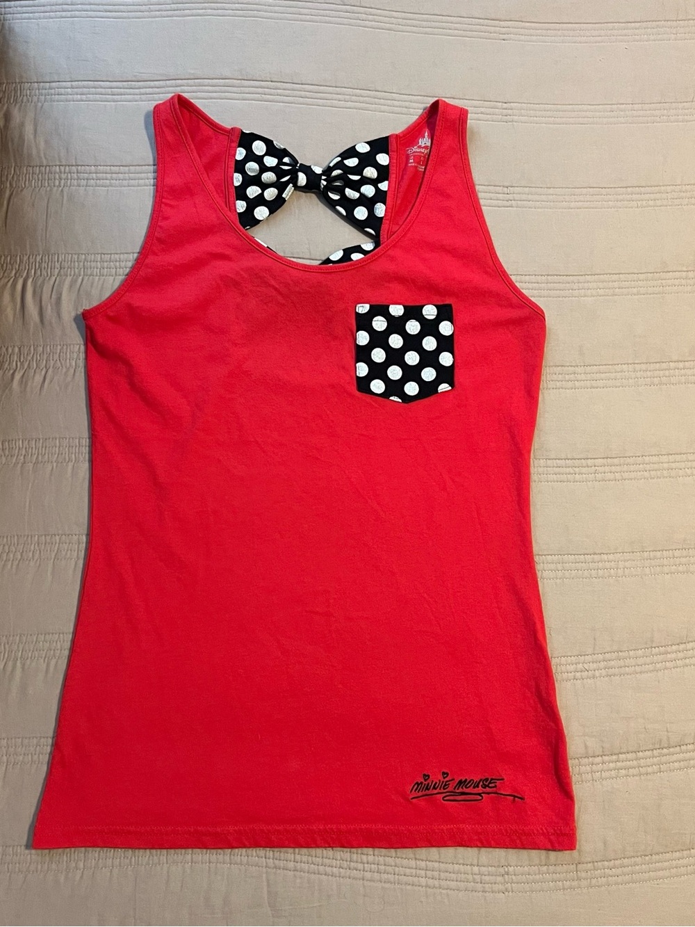 Disney Minnie Mouse Red Tank Top Black & White Polka Dot Bows Pocket